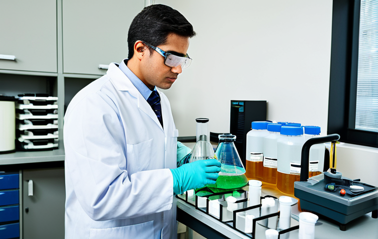 Waste Characterization Lab**
"A fully clothed environmental technician wearing safety glasses and a lab coat, carefully analyzing a sample of waste in a well-equipped laboratory. Various beakers, test tubes, and analytical equipment are visible. The scene emphasizes precision and scientific rigor. Safe for work, appropriate content, professional, perfect anatomy, correct proportions, well-lit, high-resolution photography, focus on safety and accuracy."
**
