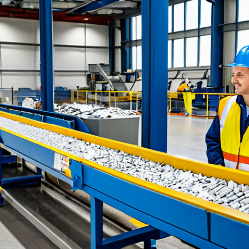 Home 4 폐기물처리와 폐기물 관리법 변화 - Modern Recycling Facility**
"Inside a bright, clean, state-of-the-art recycling facility. Conveyor ...