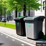 폐기물처리 환경공학 개념 쉽게 이해하기 - A modern urban smart waste collection system scene showing smart trash bins with digital fill-level ...
