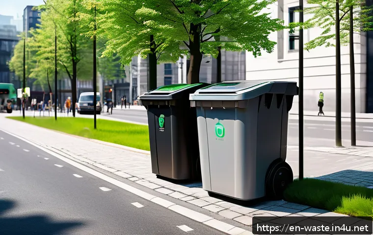 폐기물처리 환경공학 개념 쉽게 이해하기 - A modern urban smart waste collection system scene showing smart trash bins with digital fill-level ...