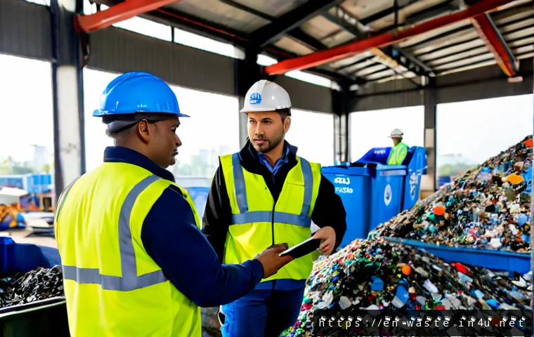 폐기물처리 관련 정부 지원 정책 - Photorealistic municipal recycling and waste-processing facility at sunrise, a diverse team of safet...