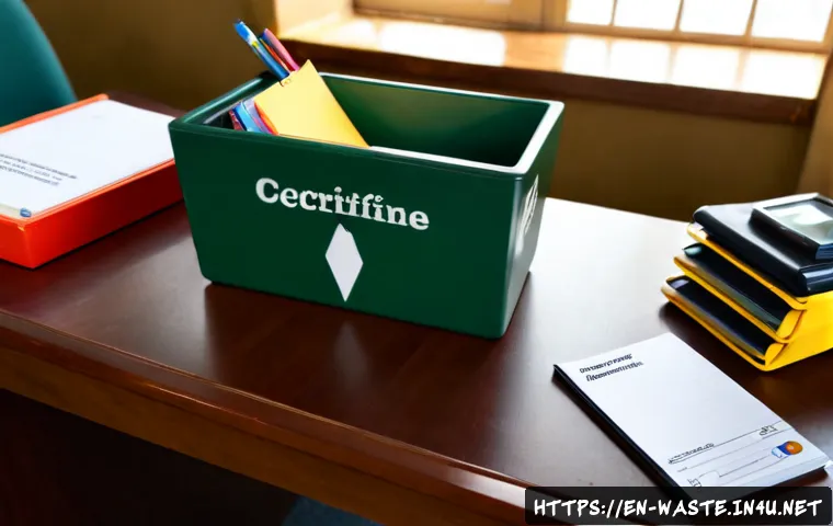폐기물처리 자격증 필기 요약 정리 - Photorealistic overhead study desk for a waste management certification written exam, neatly arrange...