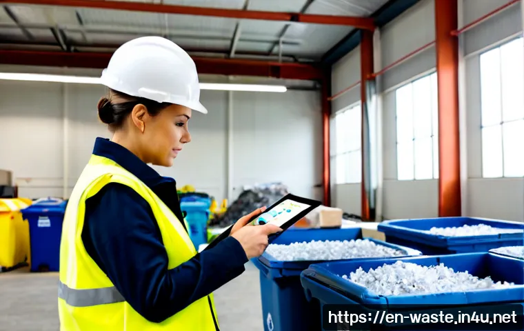 폐기물처리 신규 법규 업데이트 - Photorealistic municipal waste management compliance scene in a clean modern recycling facility, env...