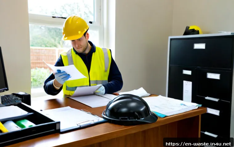 폐기물처리 실기 시험 면접 준비 - Photorealistic environmental technician preparing for a practical waste management certification int...